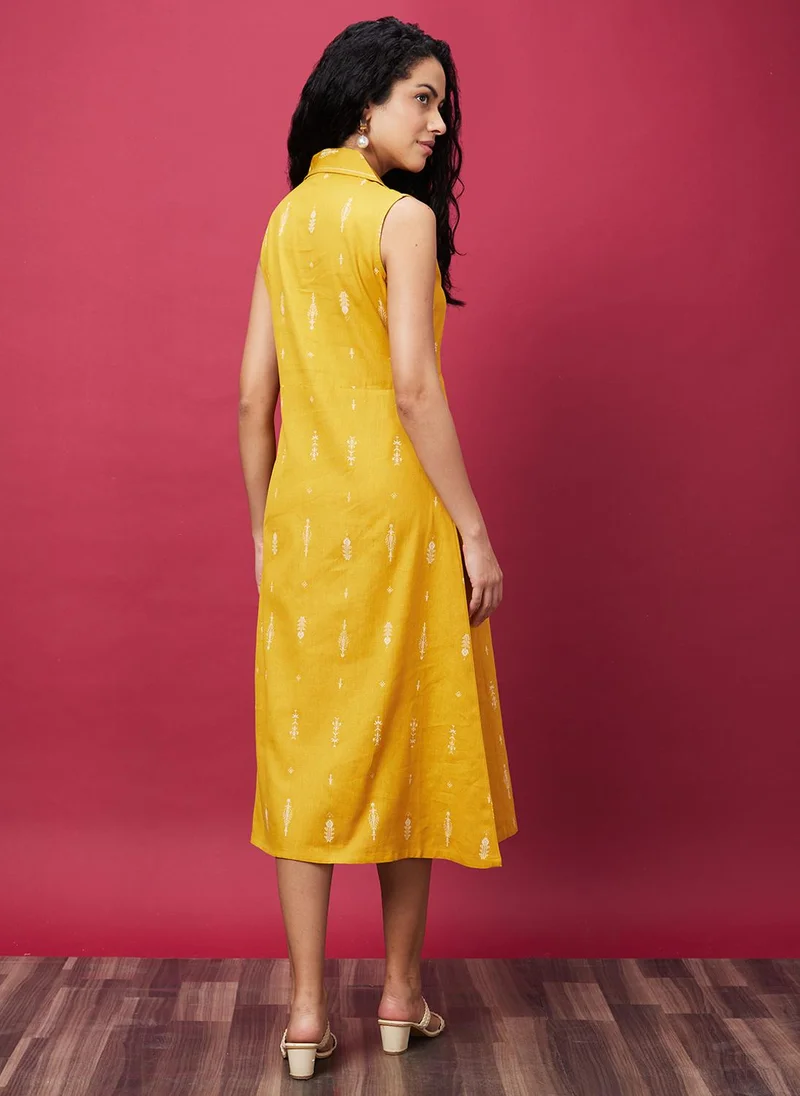 globus Globus Women Yellow Ethnic Motifs Printed Cuban Collar A-Line Ethnic Dress